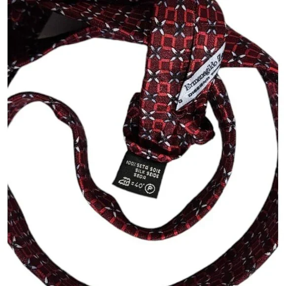 ERMENEGILDO ZEGNA Men's 100% Silk Necktie LUXURY Tie XL Red Geometric W:3.7" EUC